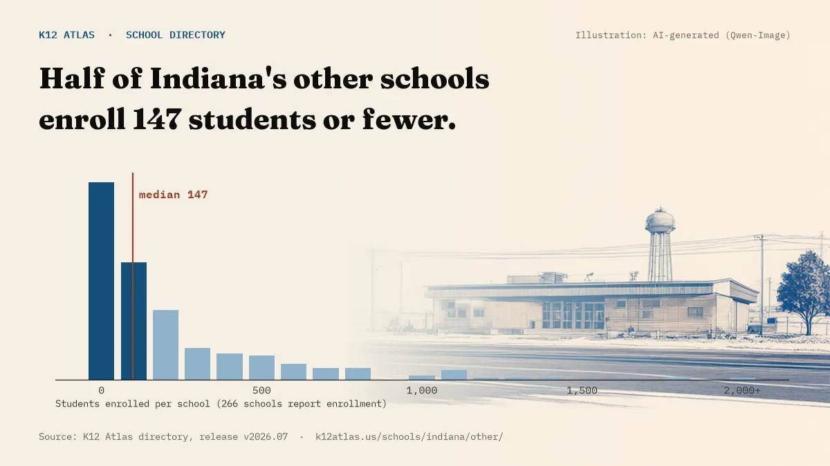 Histogram of enrollment: half of Indiana's other schools enroll 147 students or fewer (266 schools report enrollment).