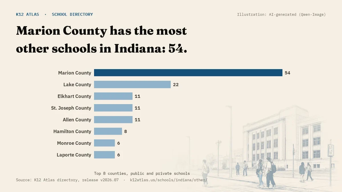 Bar chart of Indiana counties by number of other schools: Marion County has the most, 54.