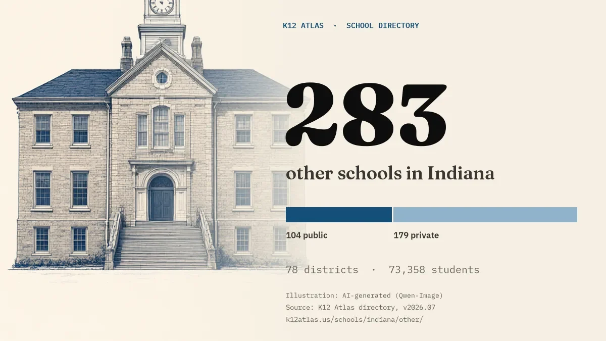 283 other schools in Indiana: 104 public and 179 private, across 78 districts with 73,358 students.