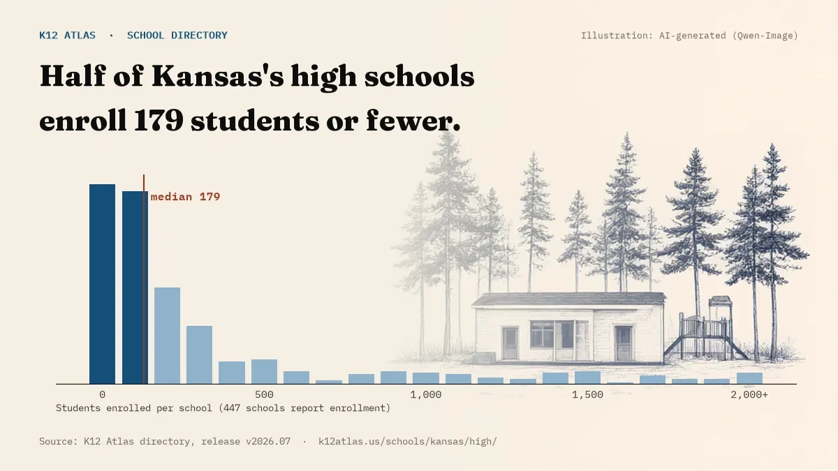 Histogram of enrollment: half of Kansas's high schools enroll 179 students or fewer (447 schools report enrollment).