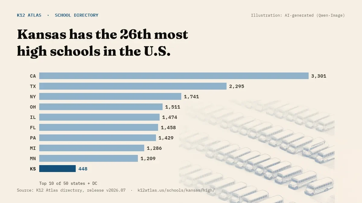 Bar chart of the states with the most high schools: Kansas has the 26th most of the 50 states and DC, with 448.