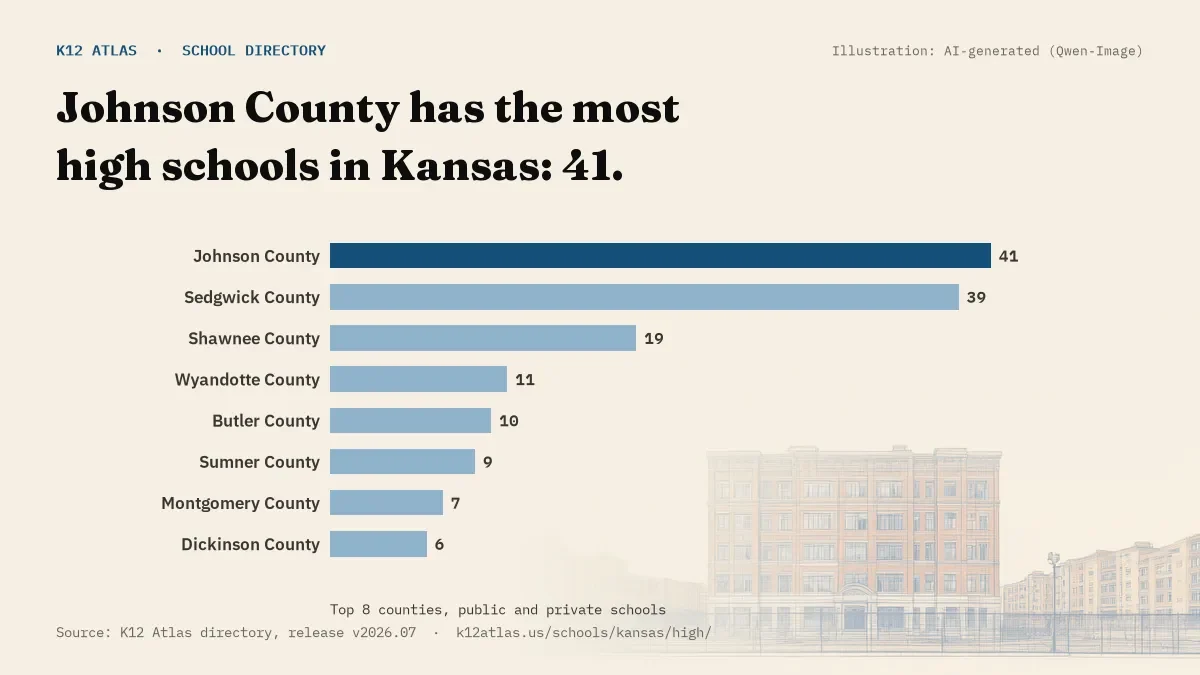 Bar chart of Kansas counties by number of high schools: Johnson County has the most, 41.