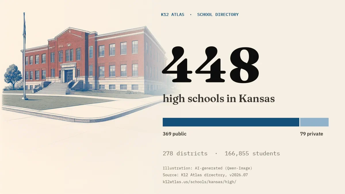448 high schools in Kansas: 369 public and 79 private, across 278 districts with 166,855 students.