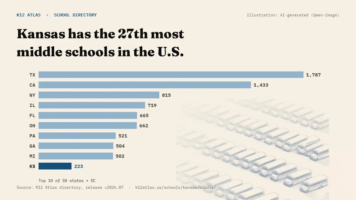 Bar chart of the states with the most middle schools: Kansas has the 27th most of the 50 states and DC, with 223.