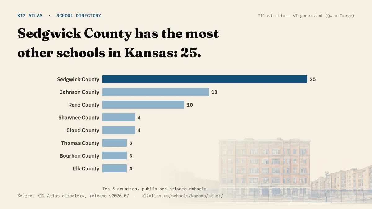 Bar chart of Kansas counties by number of other schools: Sedgwick County has the most, 25.