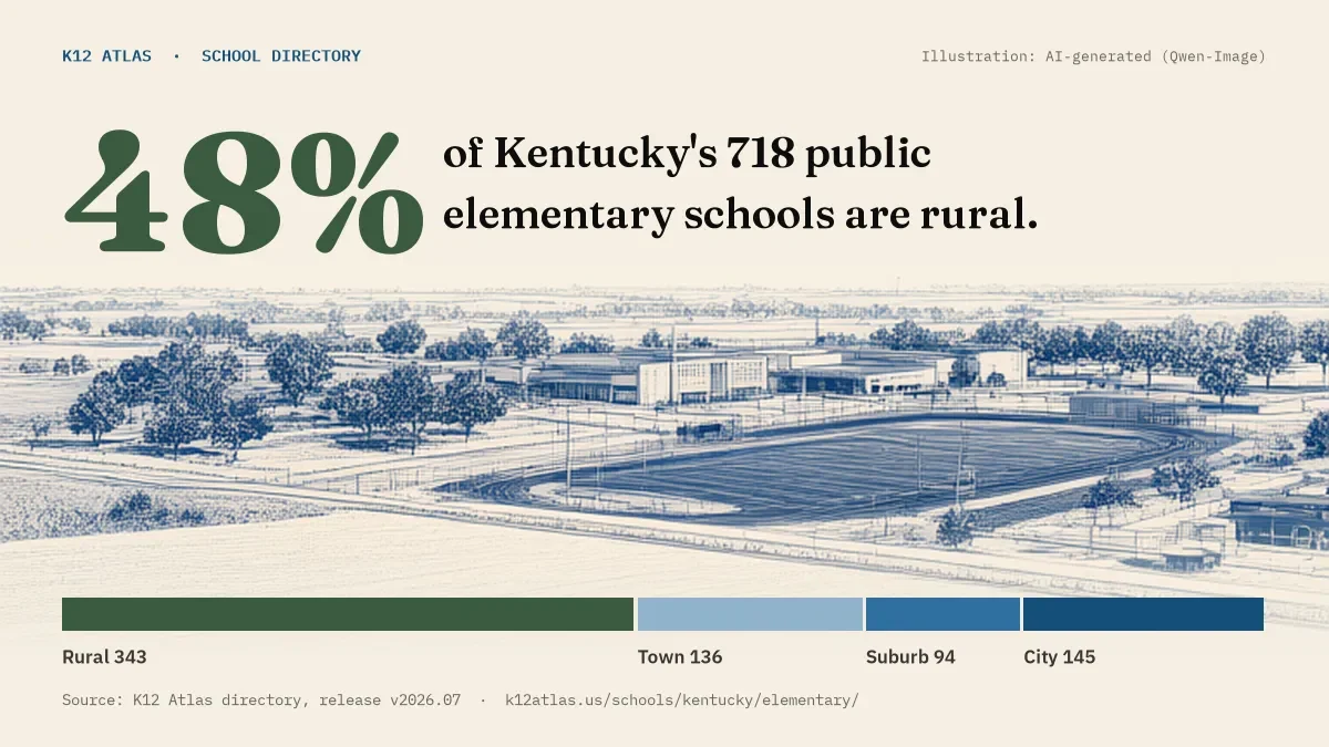 48% of Kentucky's 718 public elementary schools are rural (rural 343, town 136, suburb 94, city 145).