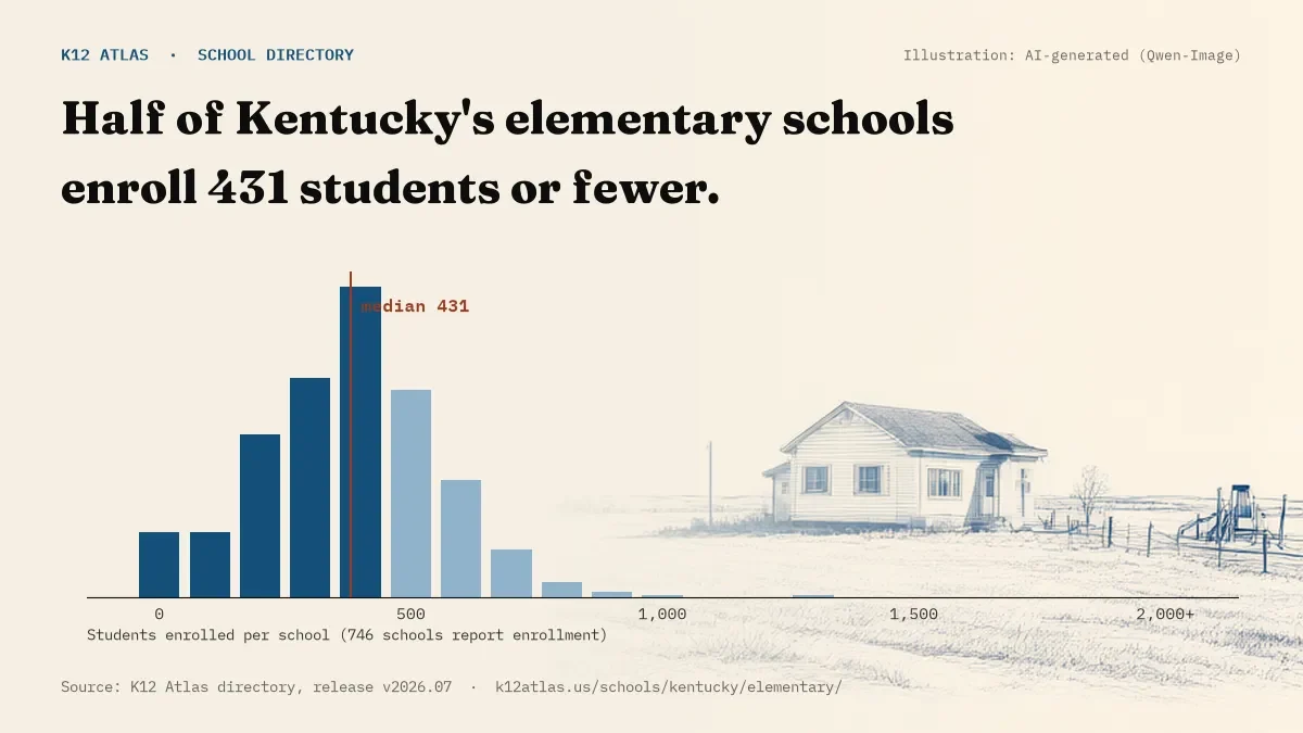Histogram of enrollment: half of Kentucky's elementary schools enroll 431 students or fewer (746 schools report enrollment).