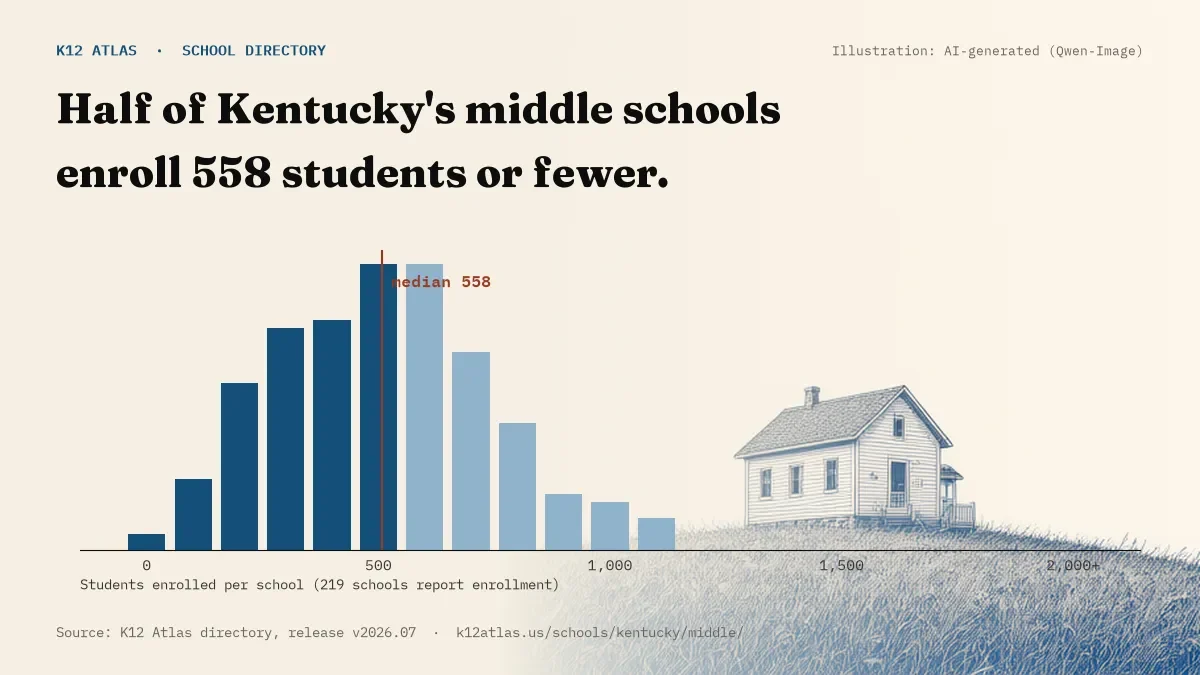 Histogram of enrollment: half of Kentucky's middle schools enroll 558 students or fewer (219 schools report enrollment).