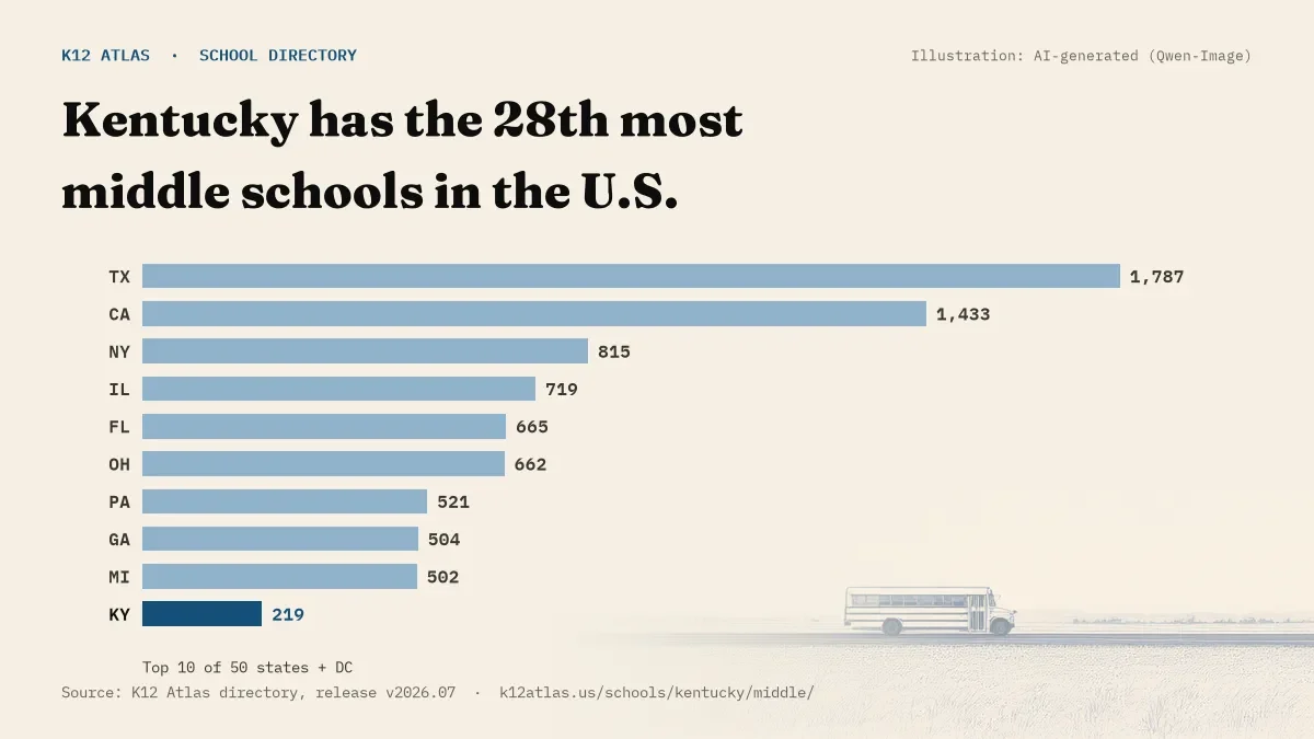 Bar chart of the states with the most middle schools: Kentucky has the 28th most of the 50 states and DC, with 219.