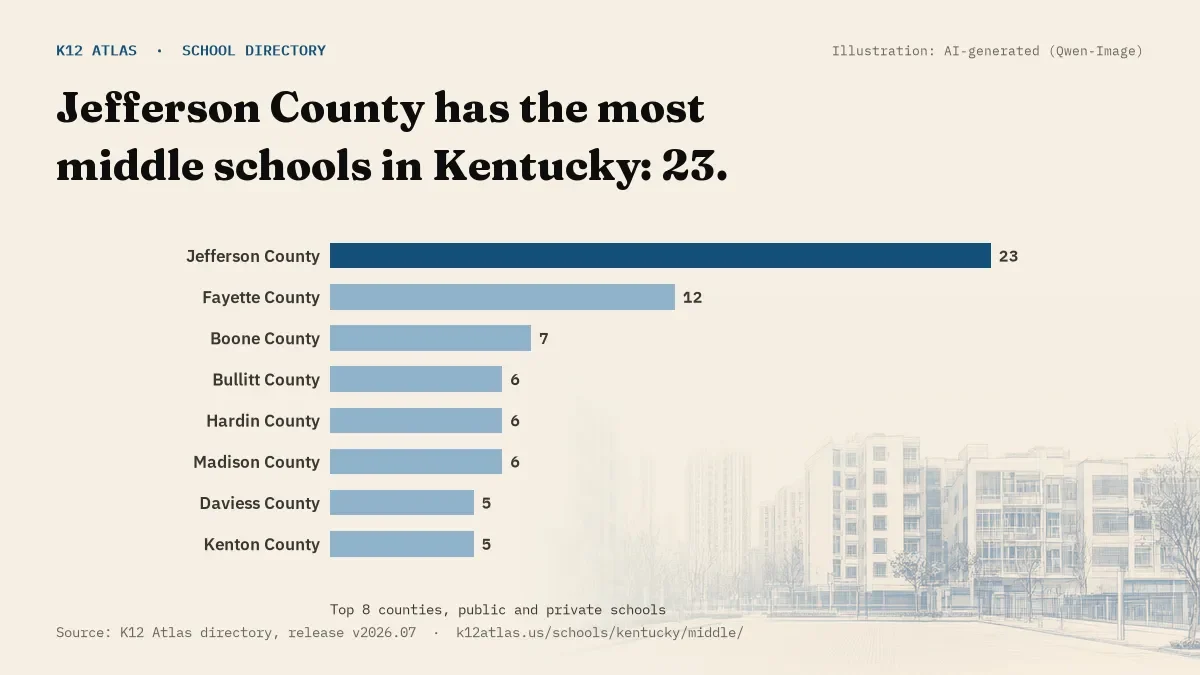 Bar chart of Kentucky counties by number of middle schools: Jefferson County has the most, 23.