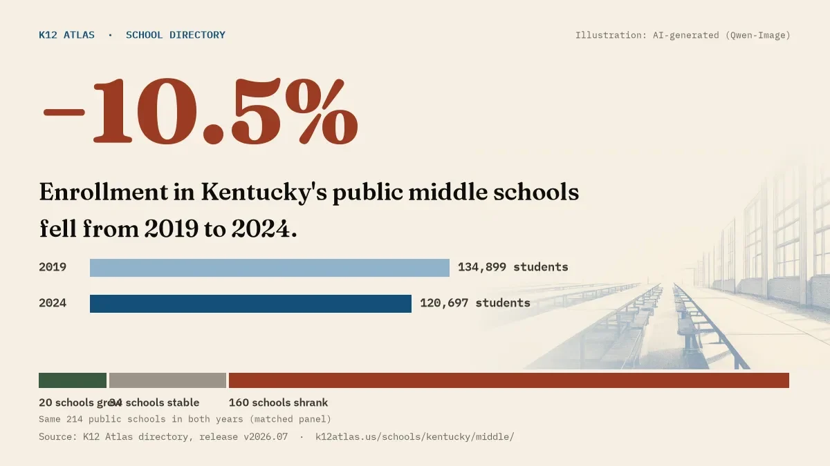 Enrollment in Kentucky's public middle schools fell 10.5% from 2019 to 2024, 134,899 to 120,697 students in the same 214 schools; 20 grew and 160 shrank.