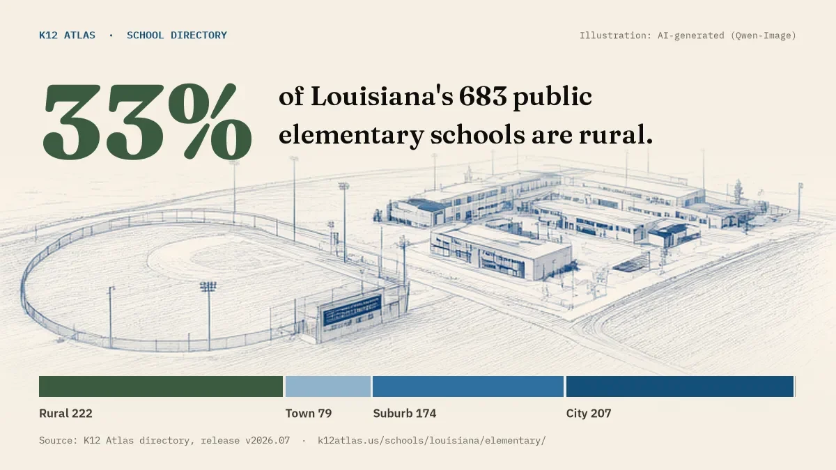 33% of Louisiana's 683 public elementary schools are rural (rural 222, town 79, suburb 174, city 207).