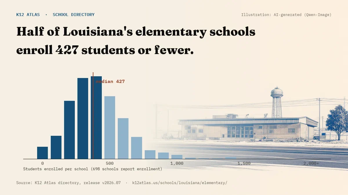 Histogram of enrollment: half of Louisiana's elementary schools enroll 427 students or fewer (698 schools report enrollment).