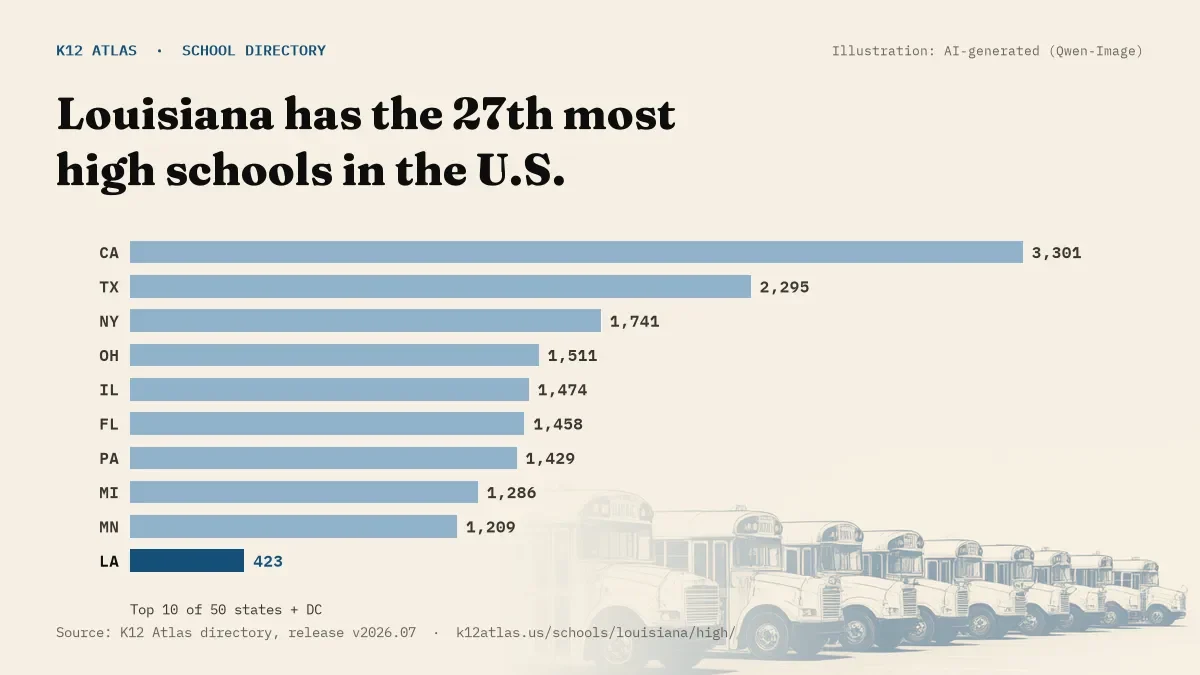 Bar chart of the states with the most high schools: Louisiana has the 27th most of the 50 states and DC, with 423.