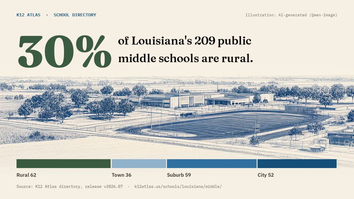 30% of Louisiana's 209 public middle schools are rural (rural 62, town 36, suburb 59, city 52).