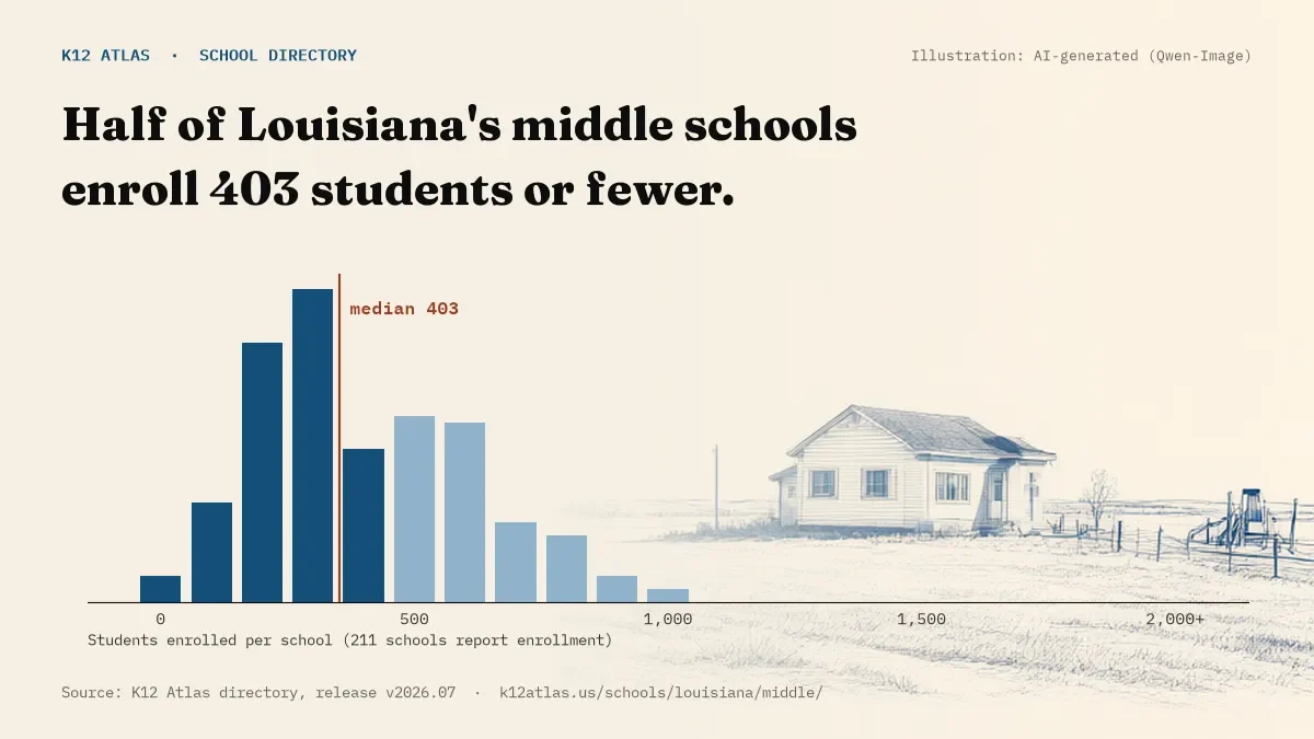 Histogram of enrollment: half of Louisiana's middle schools enroll 403 students or fewer (211 schools report enrollment).