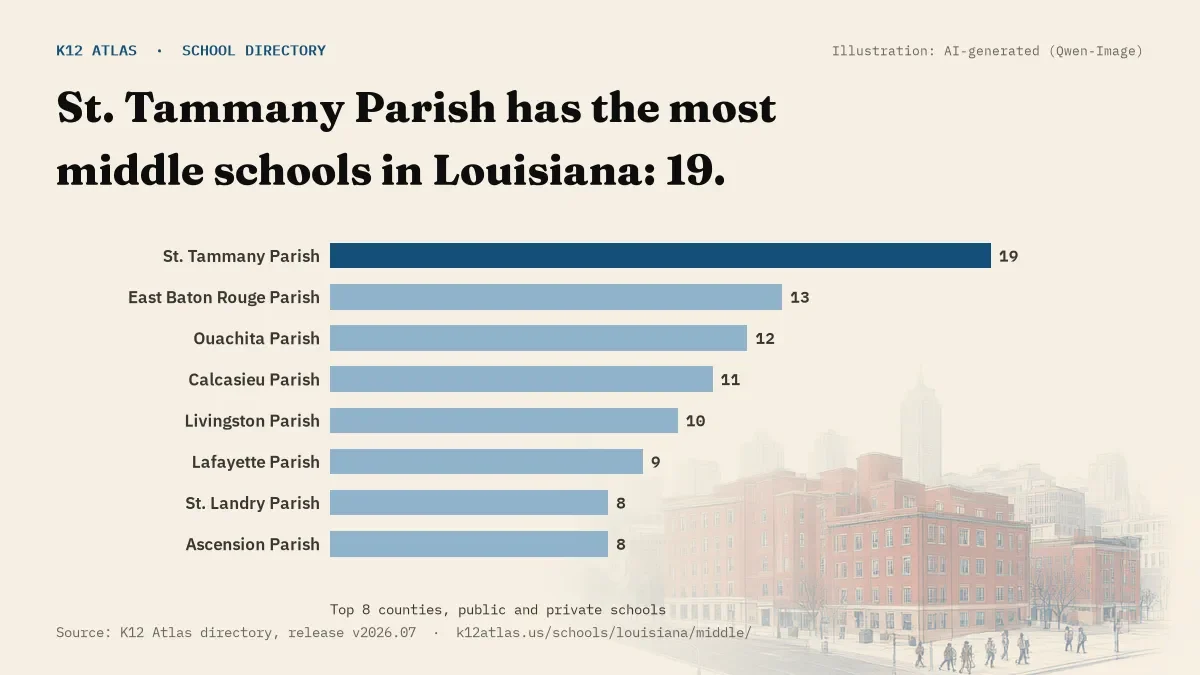 Bar chart of Louisiana counties by number of middle schools: St. Tammany Parish has the most, 19.