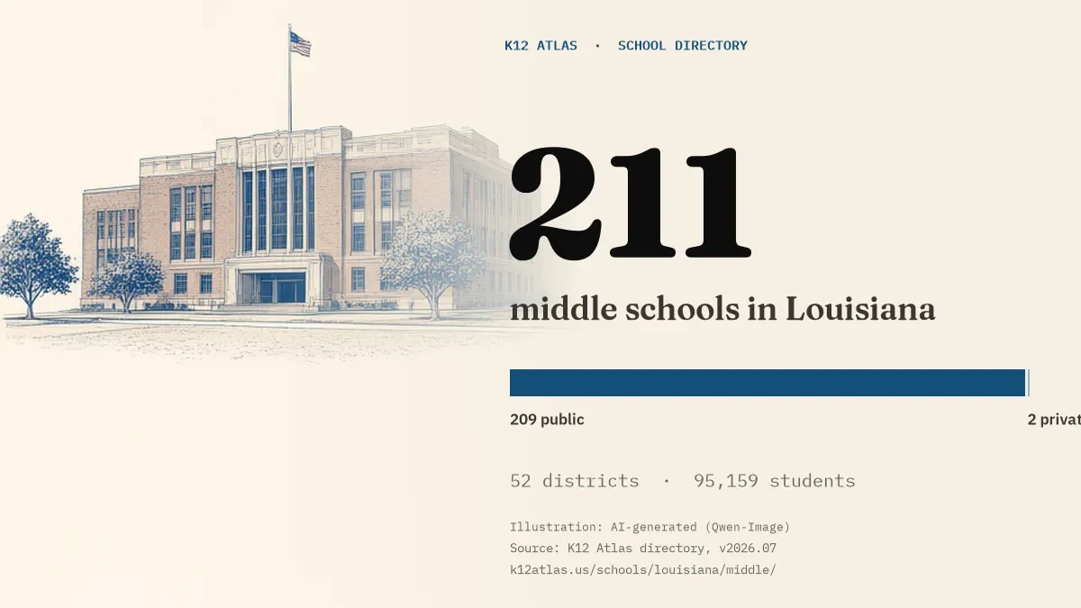 211 middle schools in Louisiana: 209 public and 2 private, across 52 districts with 95,159 students.
