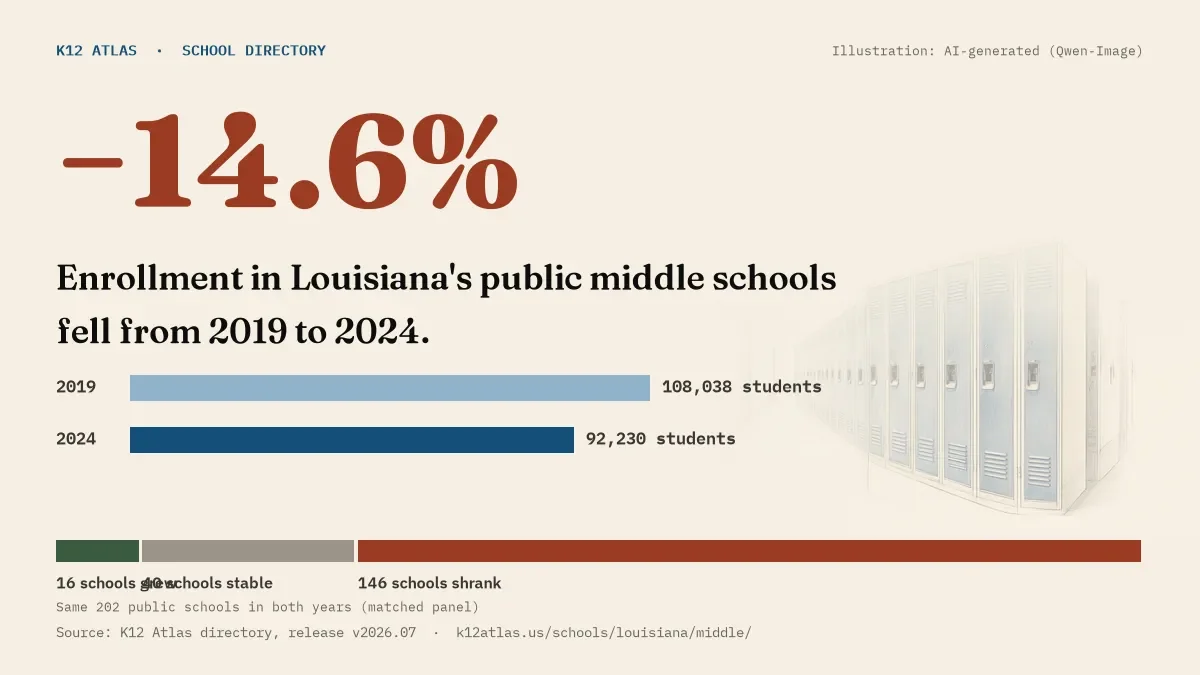 Enrollment in Louisiana's public middle schools fell 14.6% from 2019 to 2024, 108,038 to 92,230 students in the same 202 schools; 16 grew and 146 shrank.