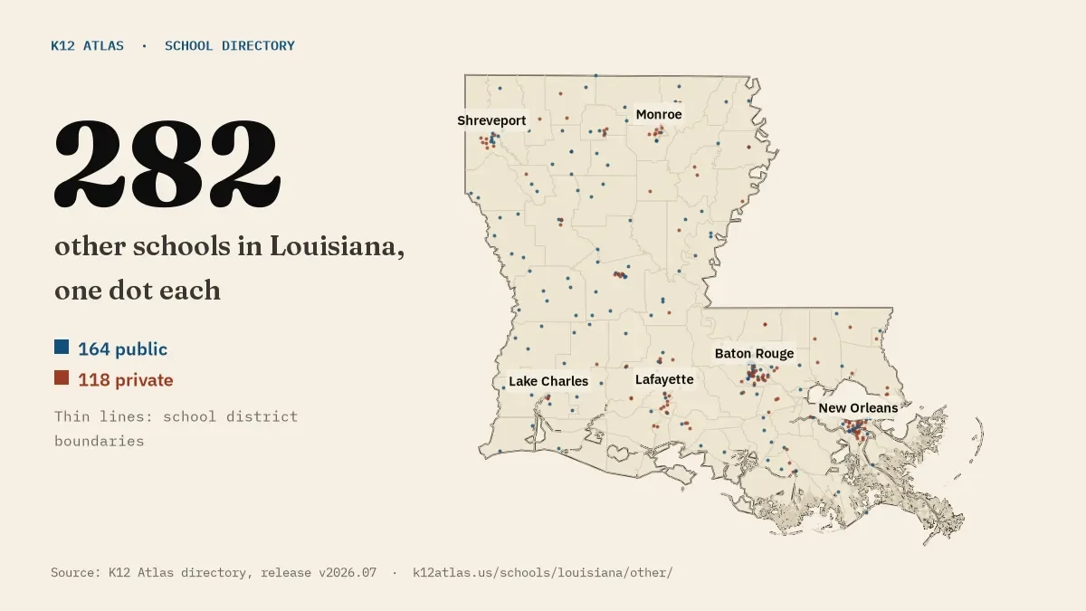 Map of Louisiana with one dot for each of its 282 mapped other schools, over school district boundaries.