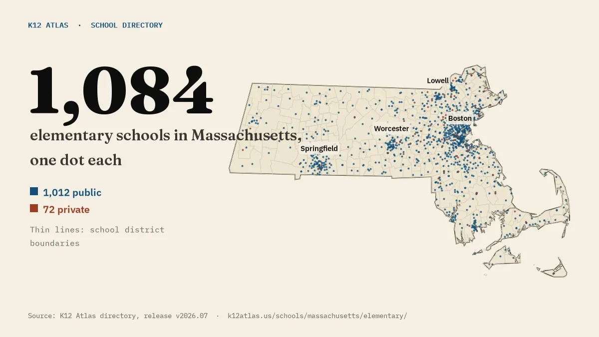 Map of Massachusetts with one dot for each of its 1,084 mapped elementary schools, over school district boundaries.