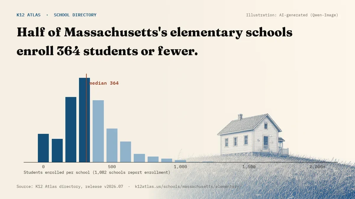 Histogram of enrollment: half of Massachusetts's elementary schools enroll 364 students or fewer (1,082 schools report enrollment).