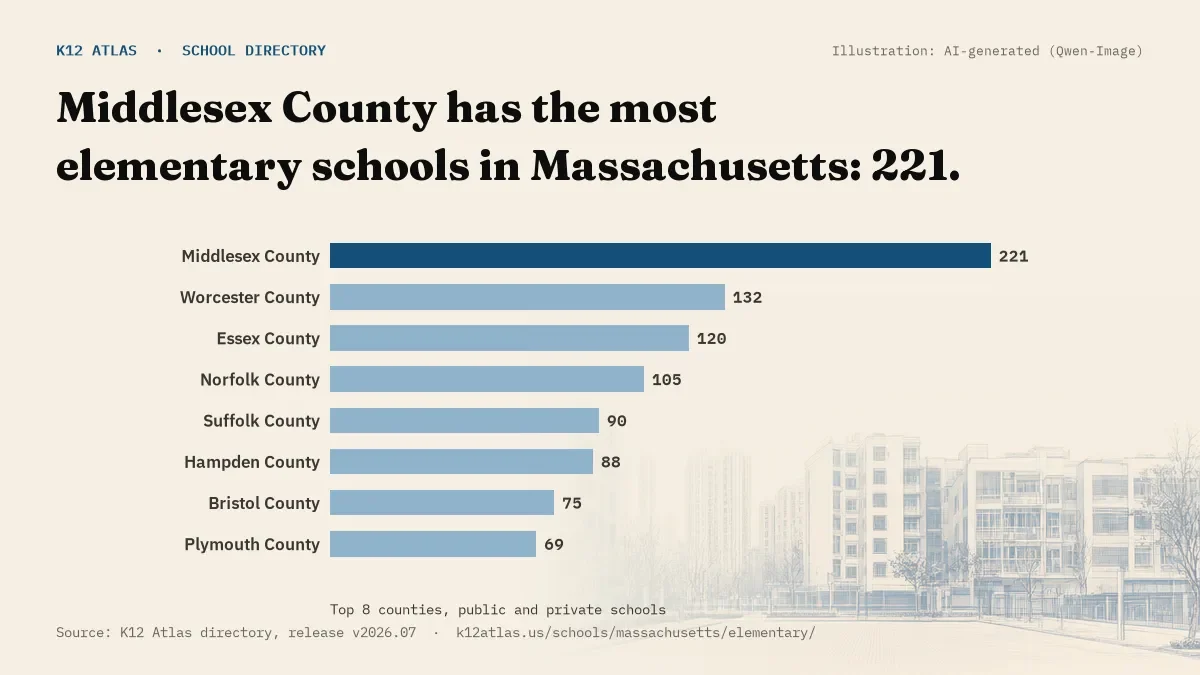 Bar chart of Massachusetts counties by number of elementary schools: Middlesex County has the most, 221.