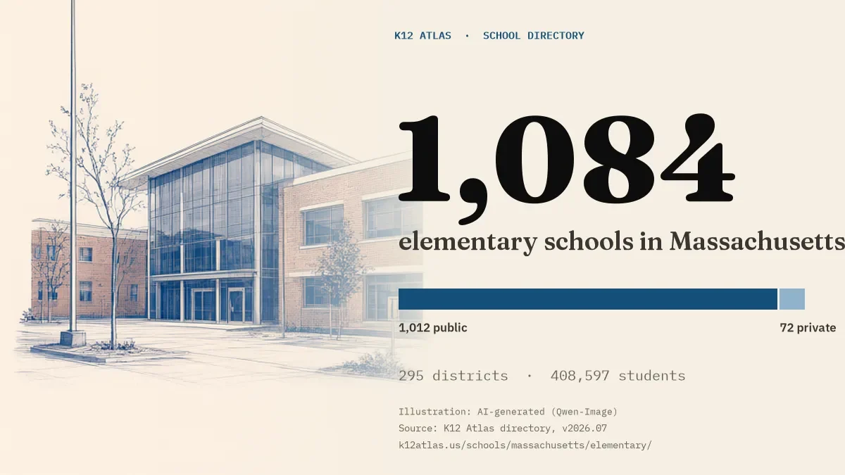 1,084 elementary schools in Massachusetts: 1,012 public and 72 private, across 295 districts with 408,597 students.