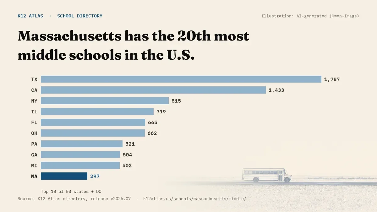 Bar chart of the states with the most middle schools: Massachusetts has the 20th most of the 50 states and DC, with 297.