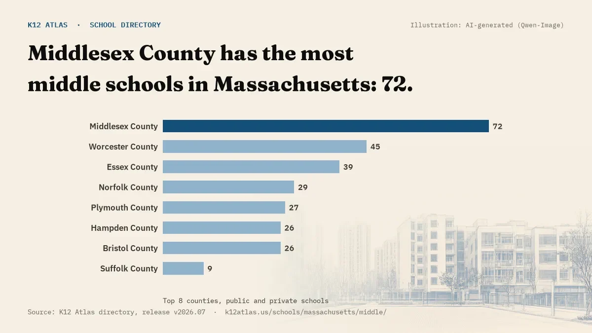 Bar chart of Massachusetts counties by number of middle schools: Middlesex County has the most, 72.