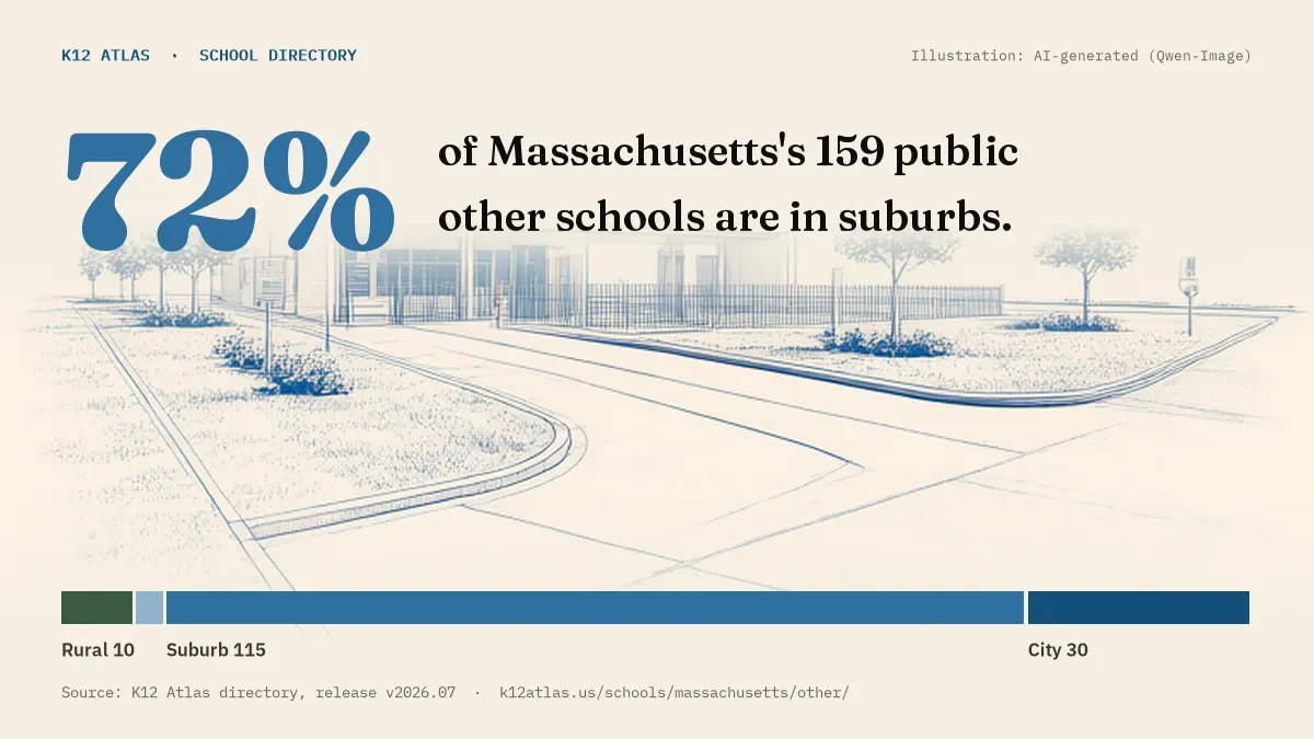 72% of Massachusetts's 159 public other schools are in suburbs (rural 10, town 4, suburb 115, city 30).