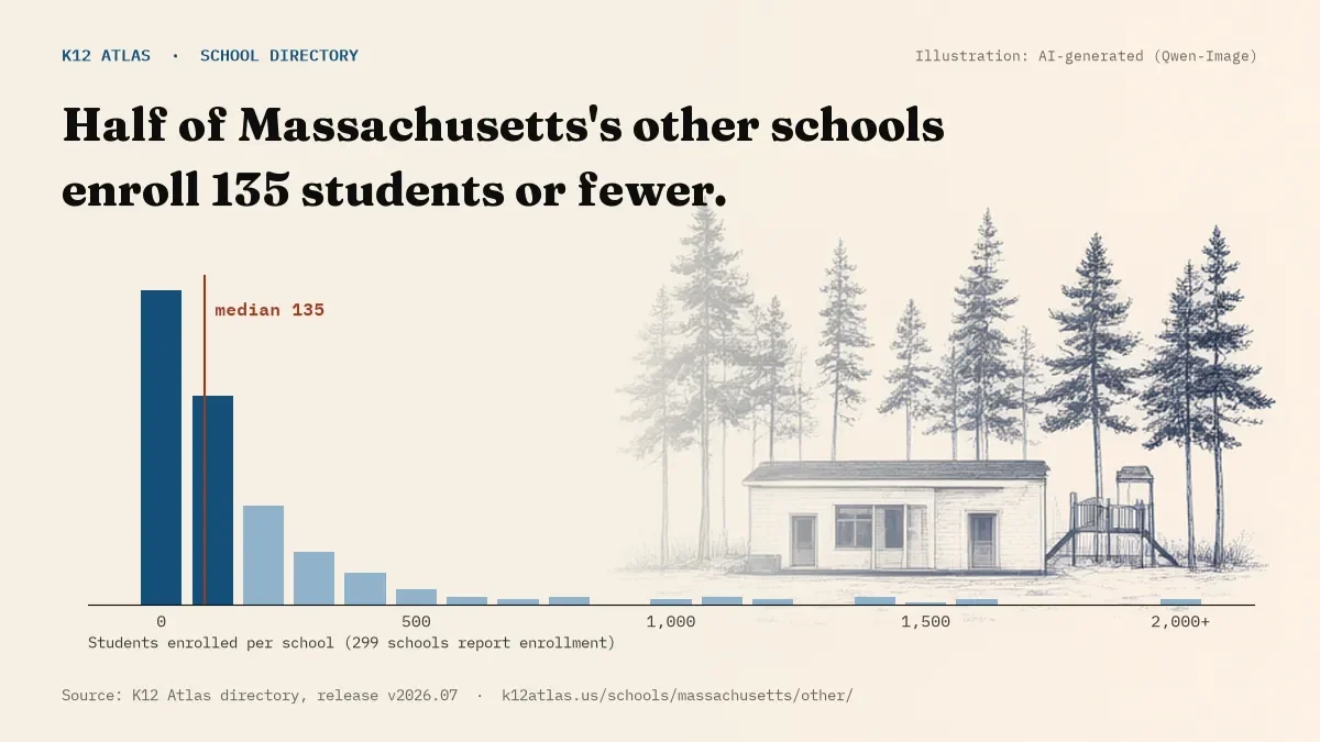 Histogram of enrollment: half of Massachusetts's other schools enroll 135 students or fewer (299 schools report enrollment).