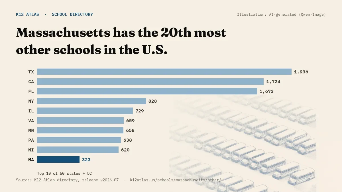Bar chart of the states with the most other schools: Massachusetts has the 20th most of the 50 states and DC, with 323.