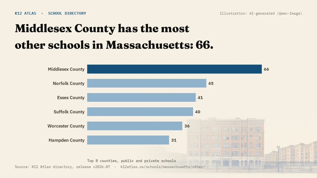 Bar chart of Massachusetts counties by number of other schools: Middlesex County has the most, 66.