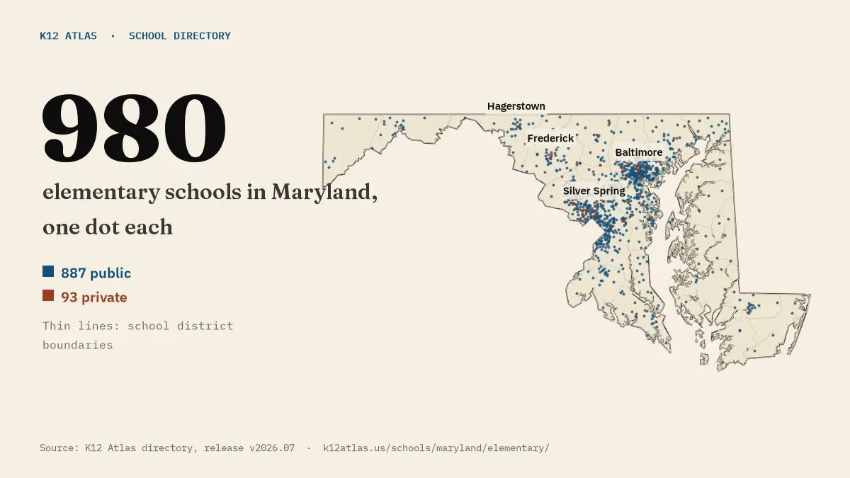Map of Maryland with one dot for each of its 980 mapped elementary schools, over school district boundaries.
