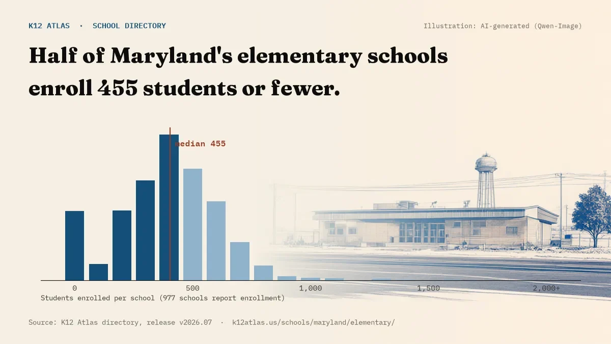 Histogram of enrollment: half of Maryland's elementary schools enroll 455 students or fewer (977 schools report enrollment).