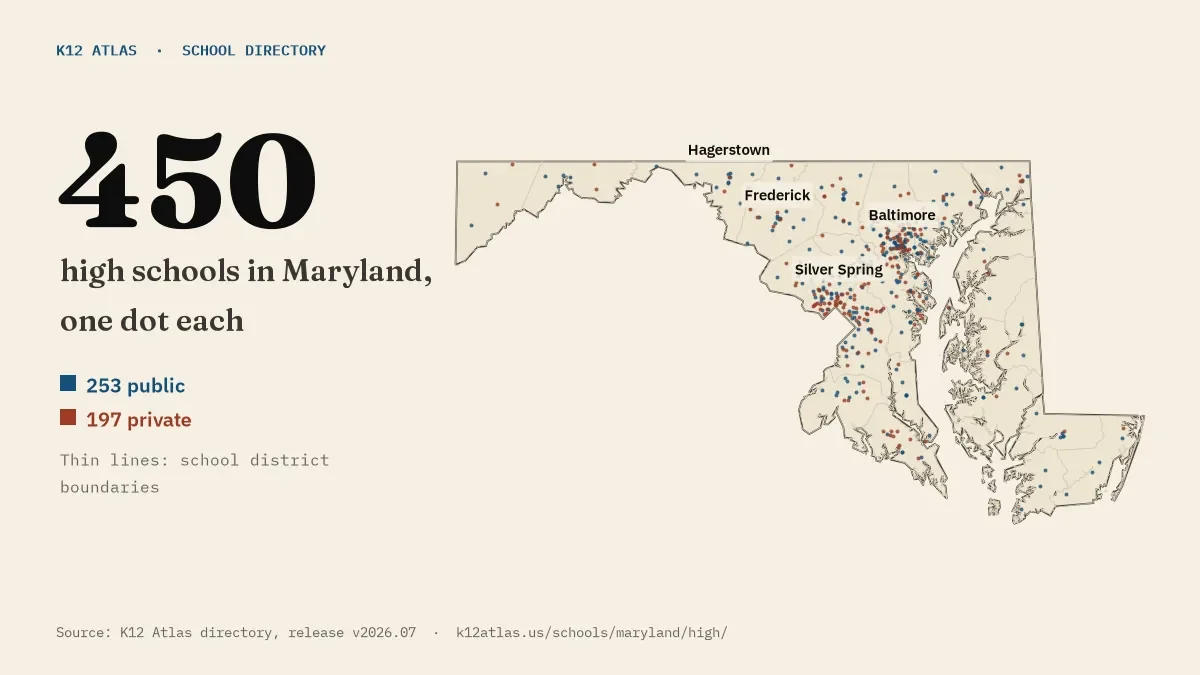 Map of Maryland with one dot for each of its 450 mapped high schools, over school district boundaries.