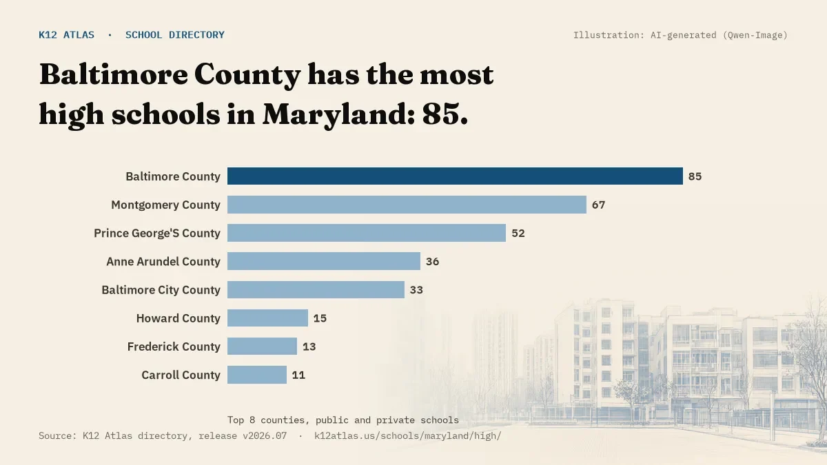 Bar chart of Maryland counties by number of high schools: Baltimore County has the most, 85.