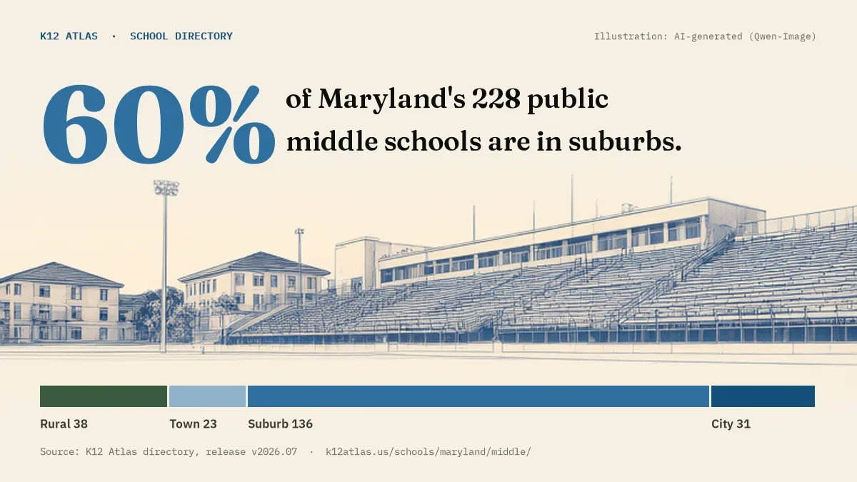 60% of Maryland's 228 public middle schools are in suburbs (rural 38, town 23, suburb 136, city 31).