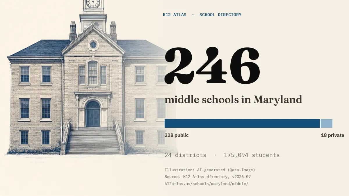 246 middle schools in Maryland: 228 public and 18 private, across 24 districts with 175,094 students.