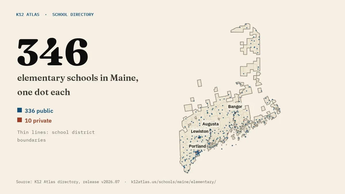 Map of Maine with one dot for each of its 343 mapped elementary schools, over school district boundaries.