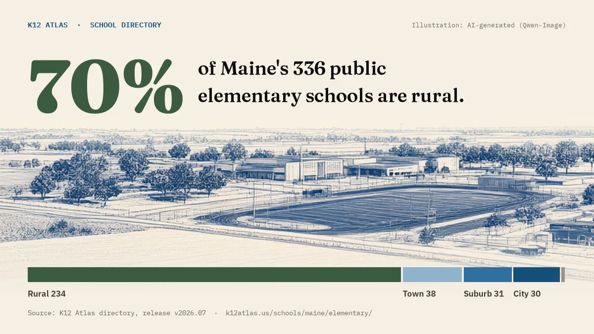 70% of Maine's 336 public elementary schools are rural (rural 234, town 38, suburb 31, city 30).