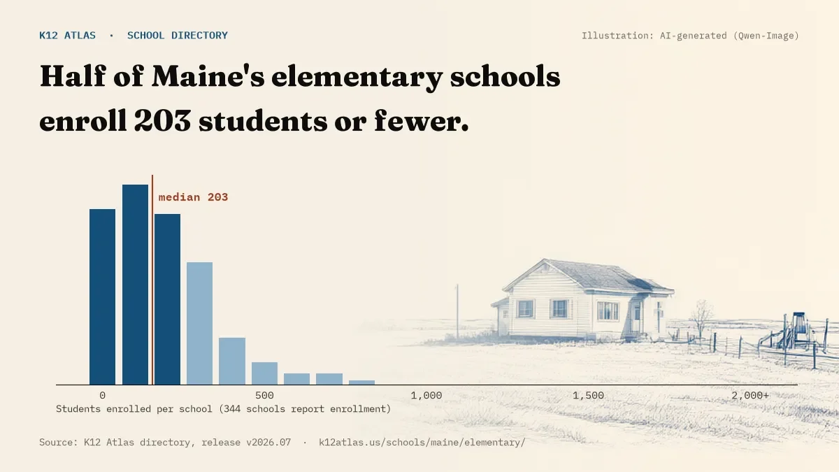 Histogram of enrollment: half of Maine's elementary schools enroll 203 students or fewer (344 schools report enrollment).