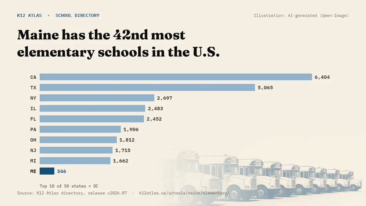 Bar chart of the states with the most elementary schools: Maine has the 42nd most of the 50 states and DC, with 346.