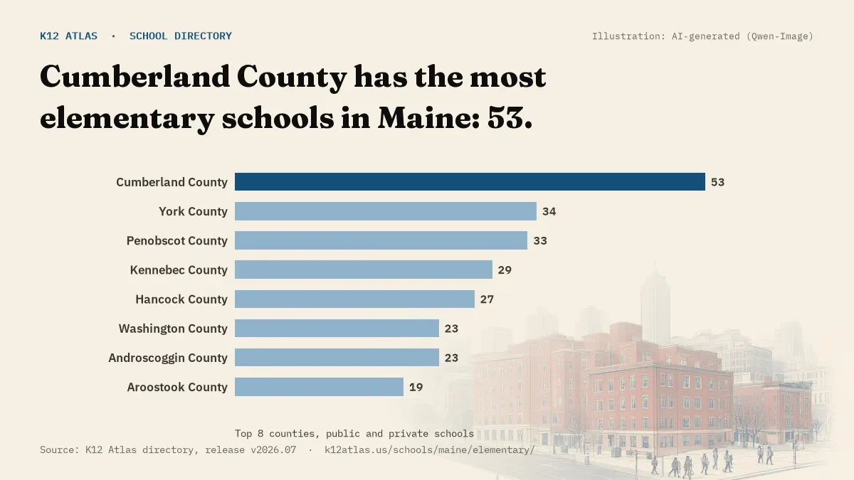 Bar chart of Maine counties by number of elementary schools: Cumberland County has the most, 53.