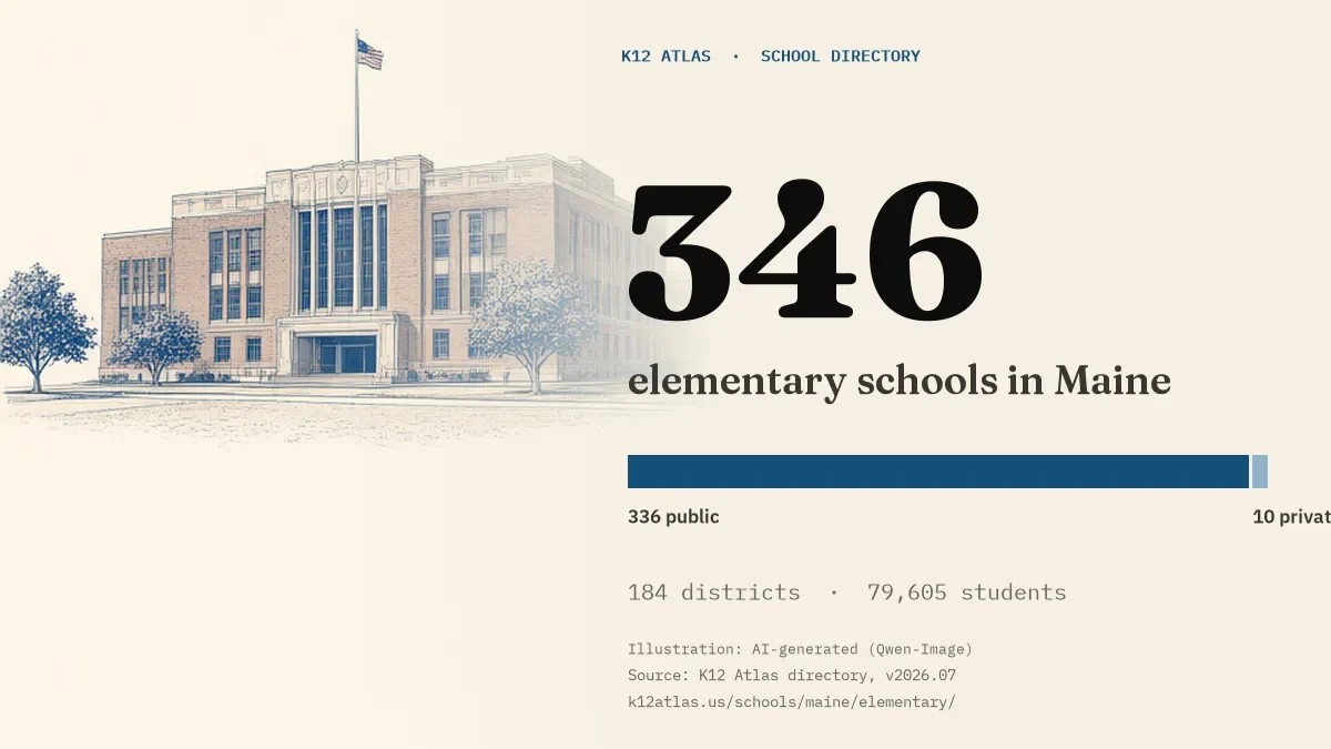 346 elementary schools in Maine: 336 public and 10 private, across 184 districts with 79,605 students.