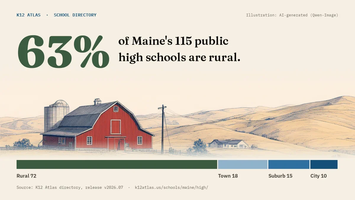 63% of Maine's 115 public high schools are rural (rural 72, town 18, suburb 15, city 10).