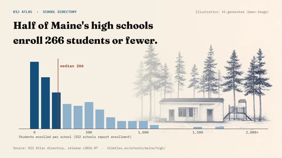 Histogram of enrollment: half of Maine's high schools enroll 266 students or fewer (152 schools report enrollment).