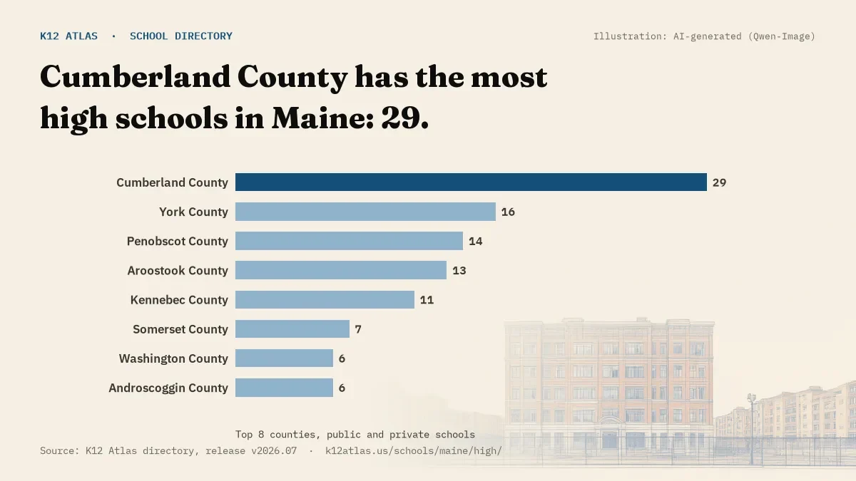 Bar chart of Maine counties by number of high schools: Cumberland County has the most, 29.