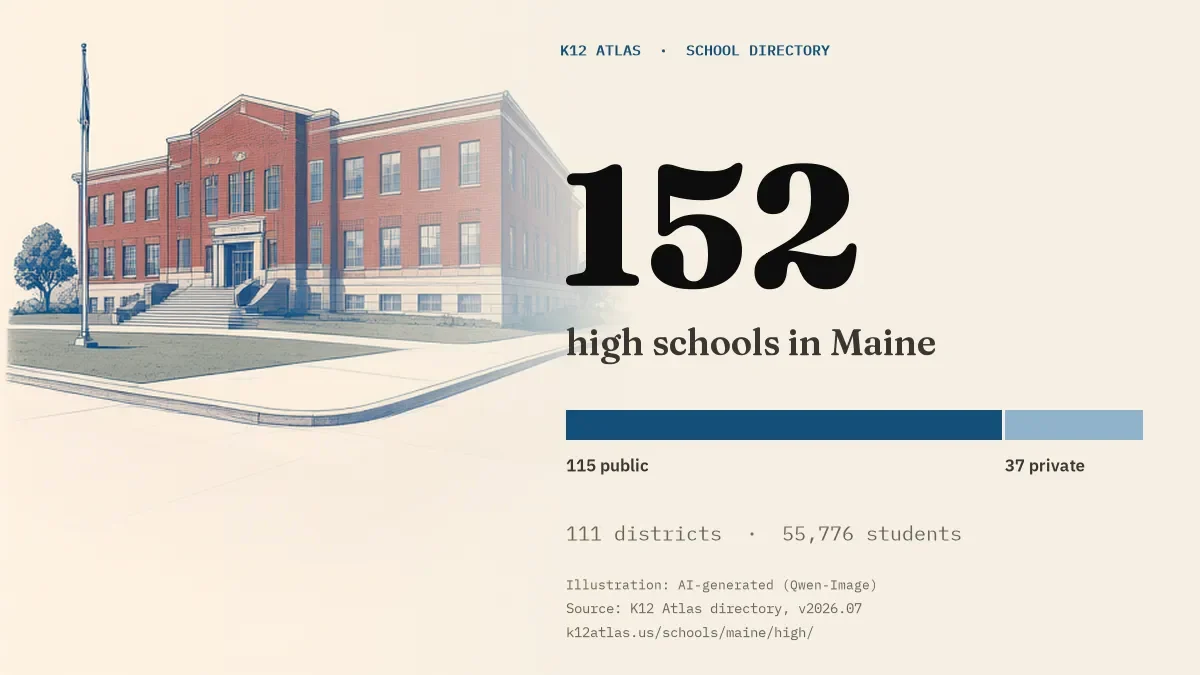 152 high schools in Maine: 115 public and 37 private, across 111 districts with 55,776 students.